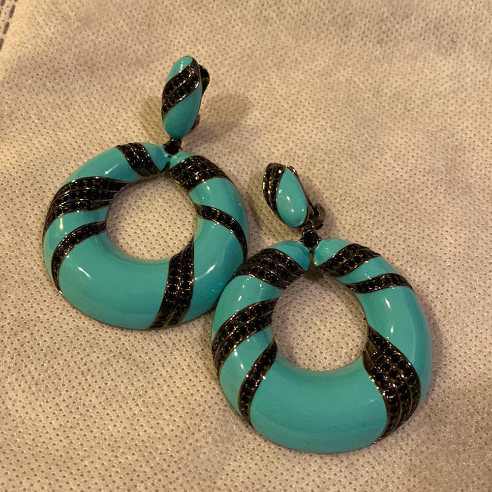 Turquoise enamel and black Dimond earrings.
